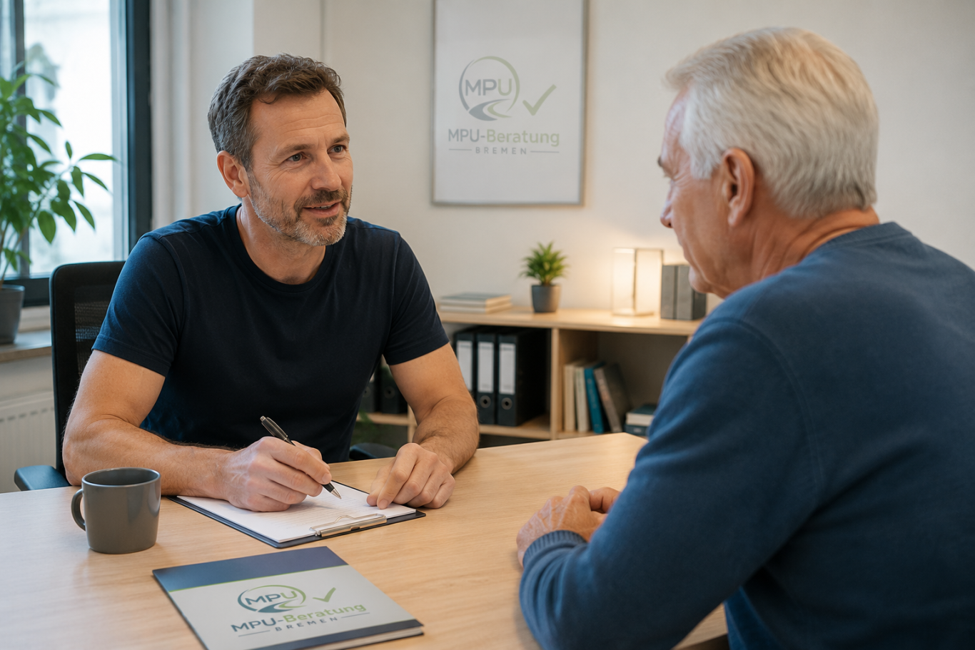 Erstberatung im Einzel- oder Gruppenseminar Ein MPU-Berater berät einen älteren Herren im Büro.